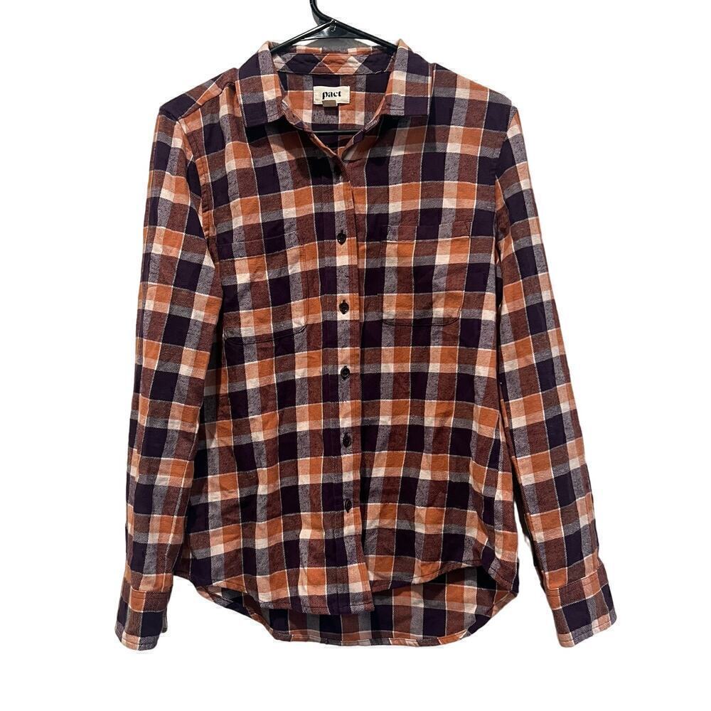 PACT Women's Mila Purple Orange Plaid Button Down Flannel Top Size Small